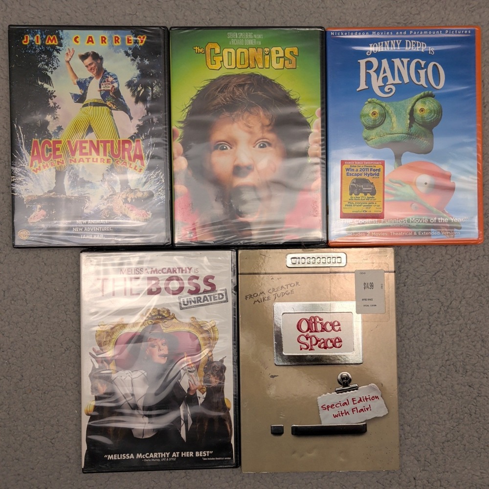 Lot of 5 New Sealed Comedy DVD Movies The Goonies Office Space Rango Ace Ventura
